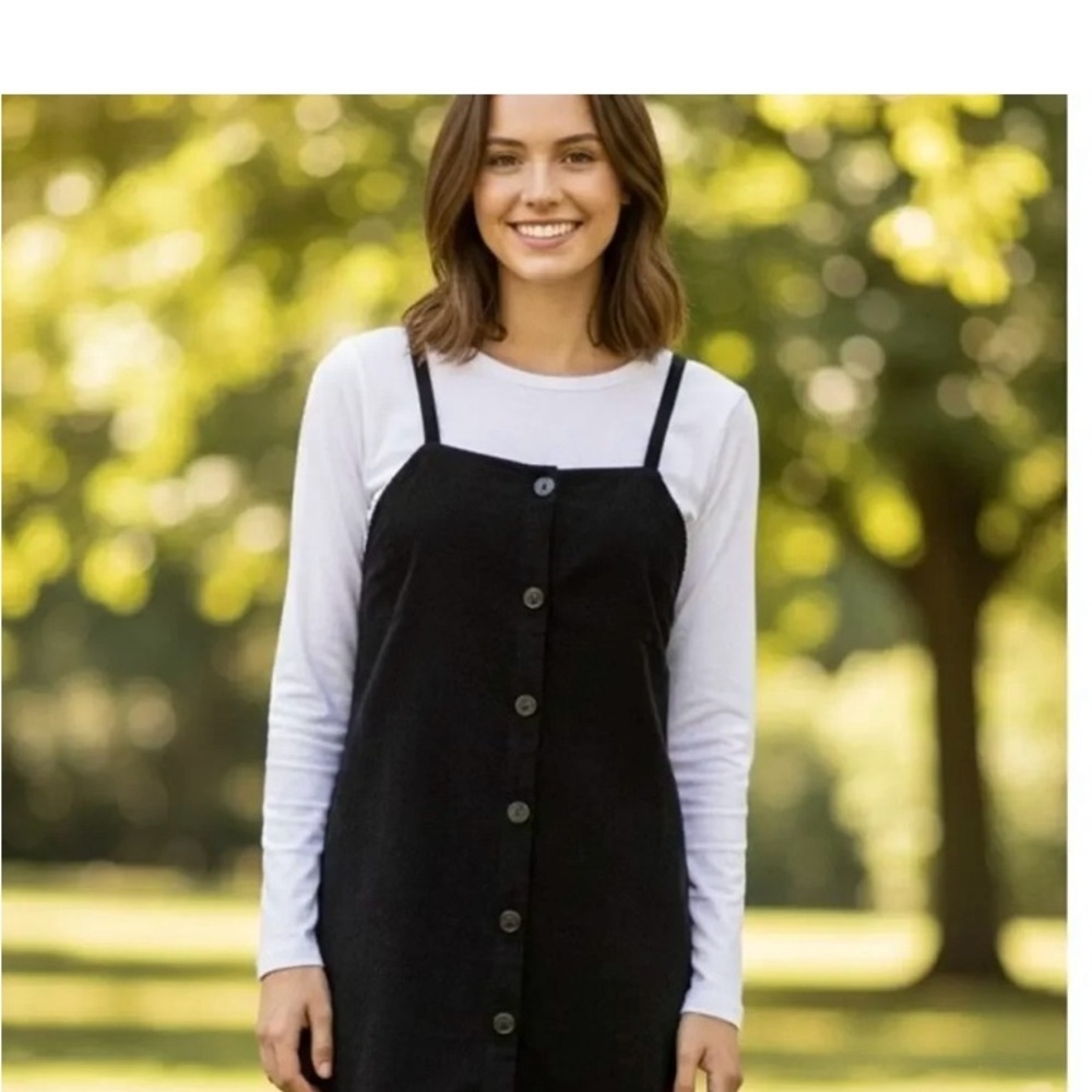 Women's Black Corduroy Dress Button-Front Dress With Pockets